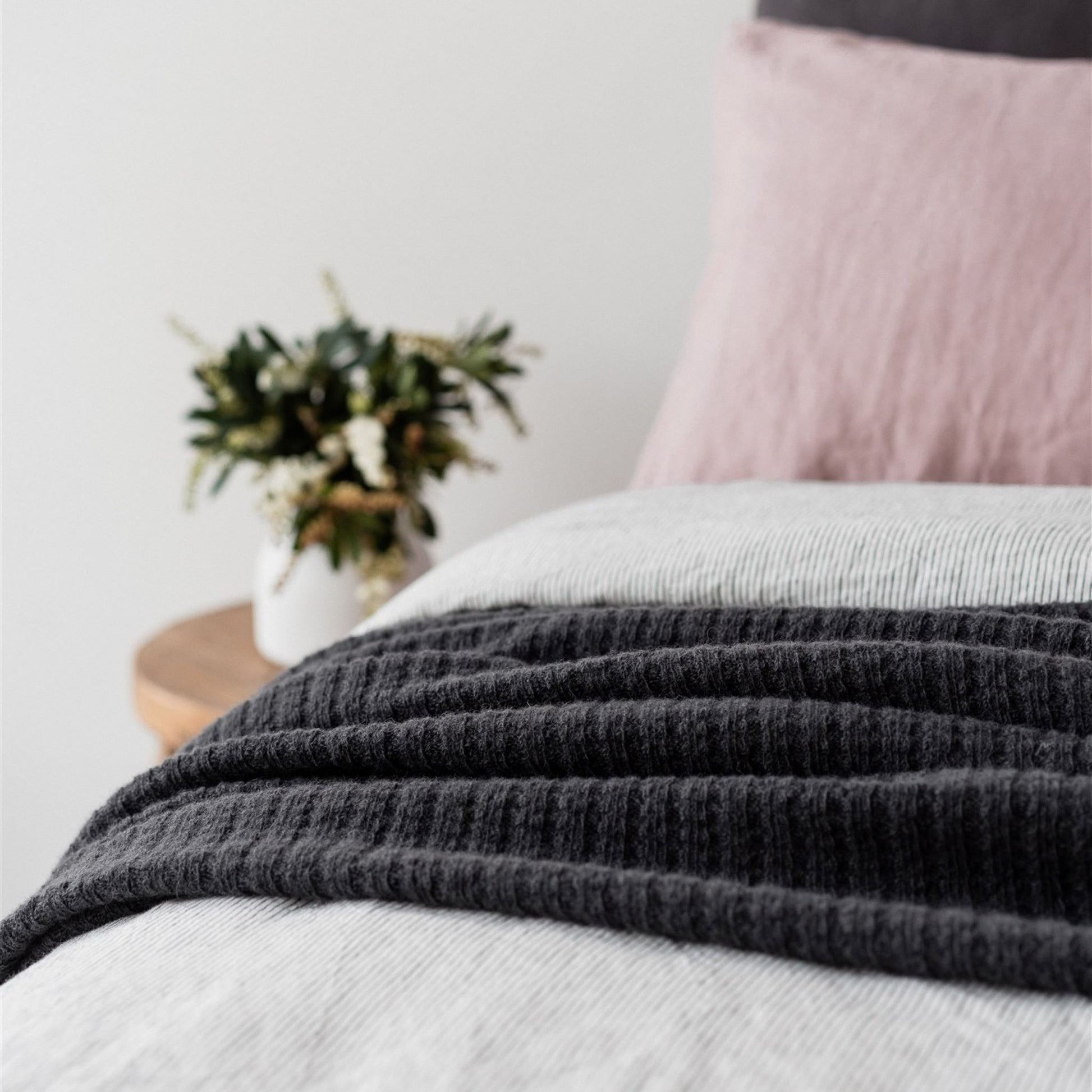 Charcoal Ribbed Wool Throw Blanket