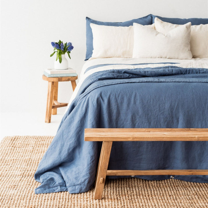 Foxtrot Home French Flax Linen styled in a bedroom with Coastal Blue Duvet