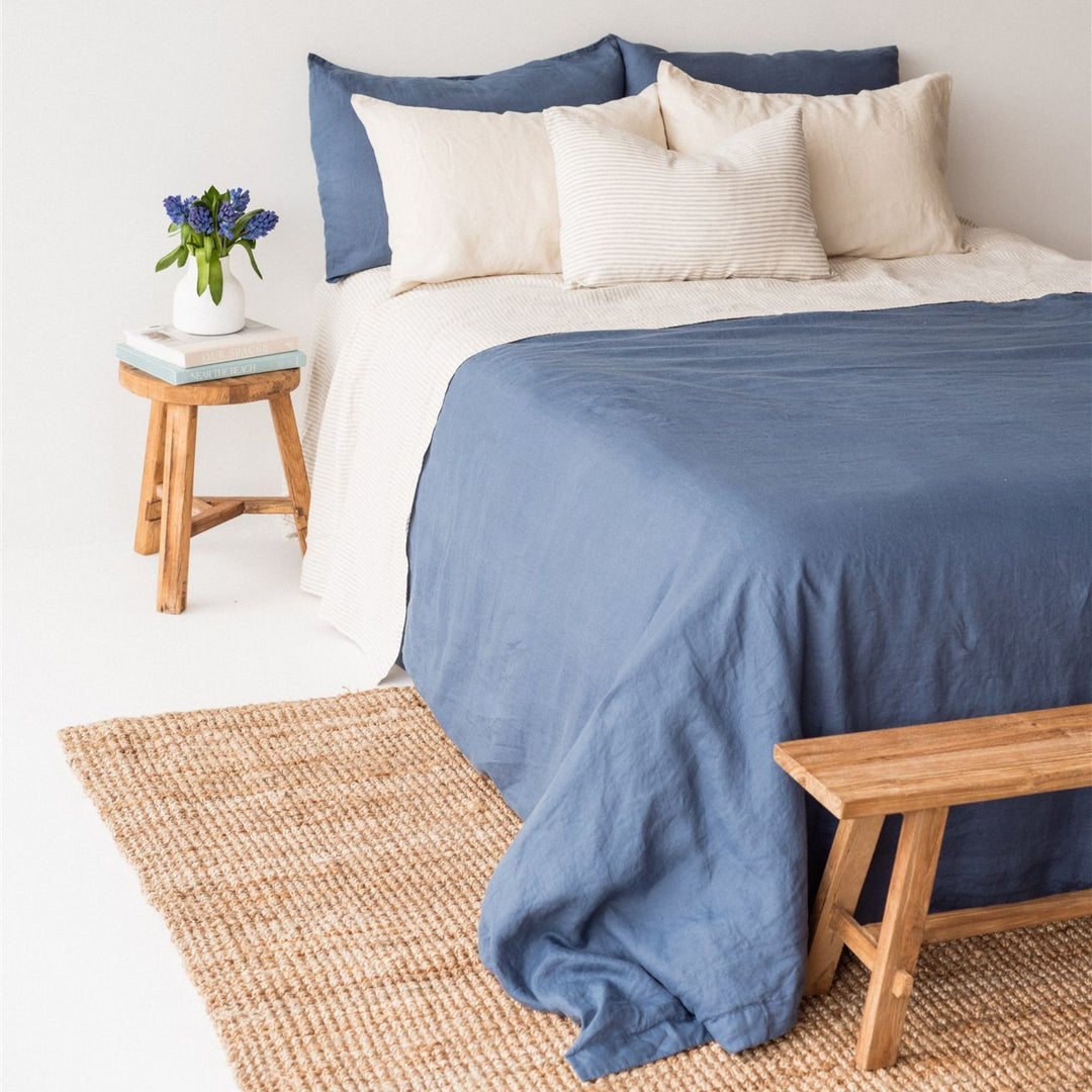 Foxtrot Home French Flax Linen styled in a bedroom with Coastal Blue Duvet