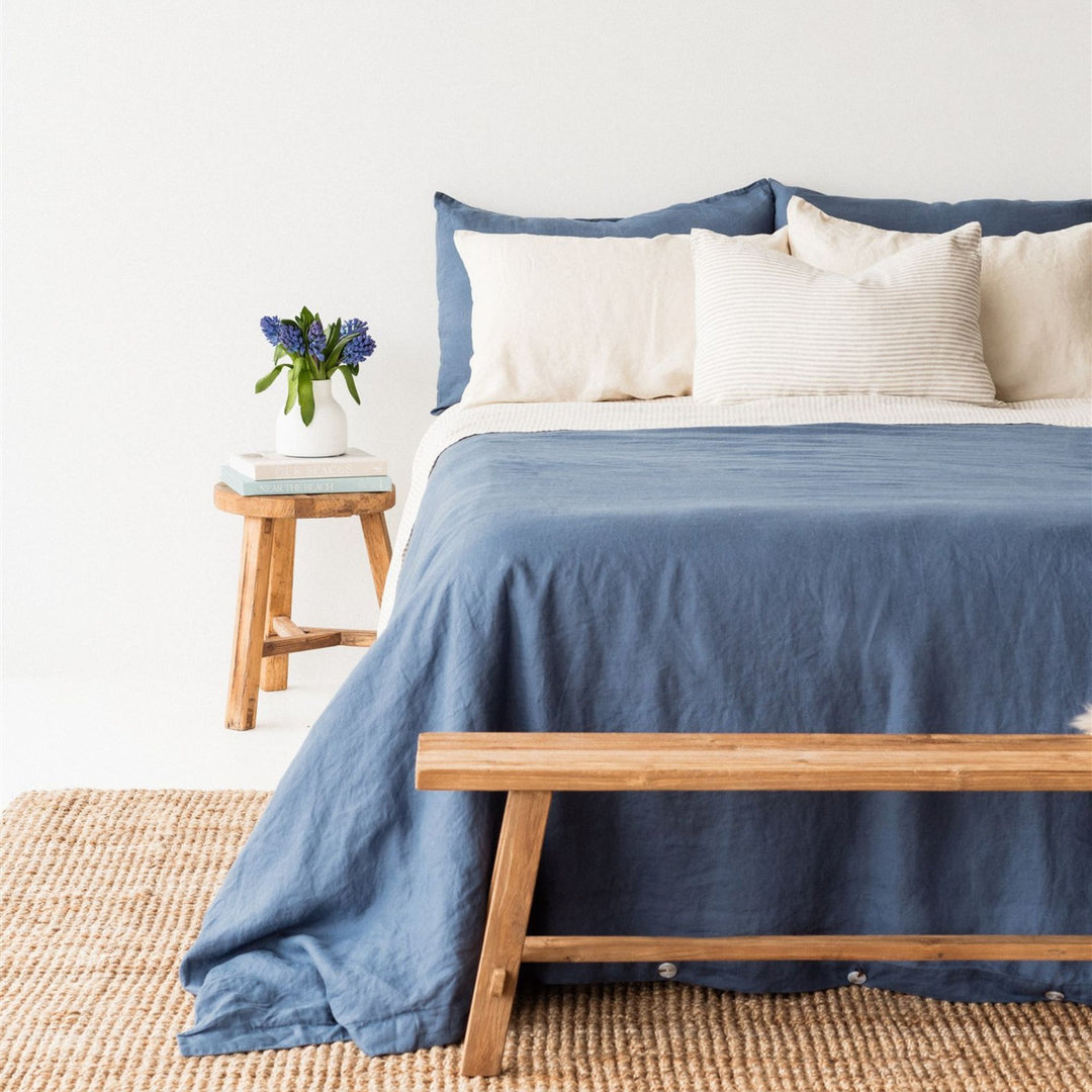 Foxtrot Home French Flax Linen styled in a bedroom with Coastal Blue Duvet