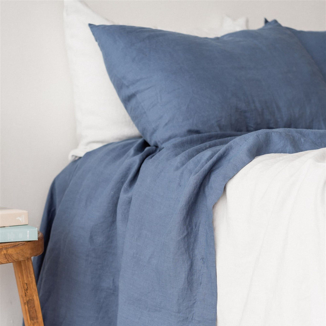 Foxtrot Home French Flax Linen styled in a bedroom with Coastal Blue Sheet Sets