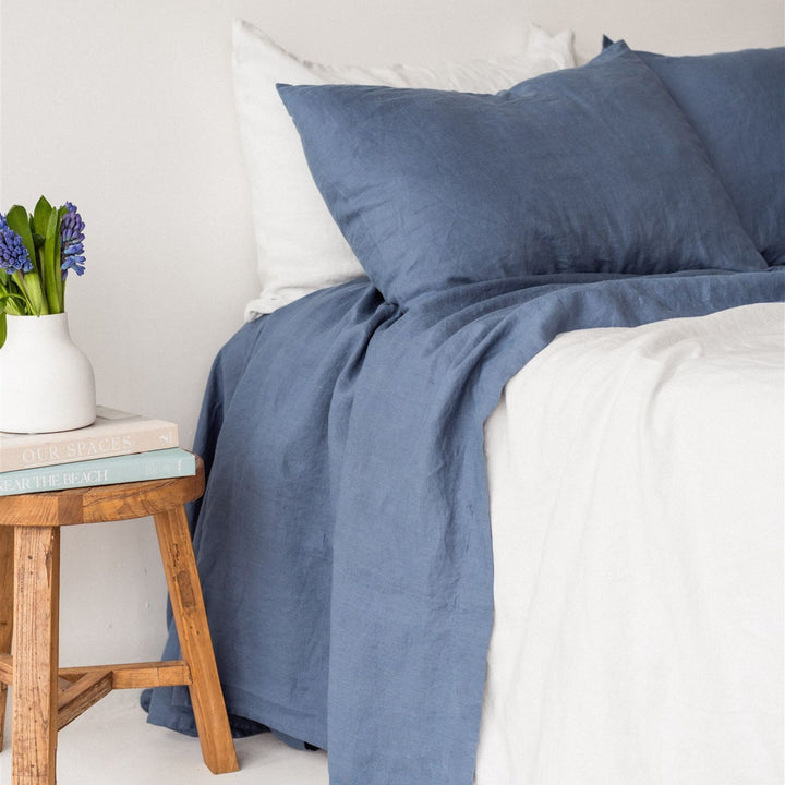 Foxtrot Home French Flax Linen styled in a bedroom with Coastal Blue Sheet Sets