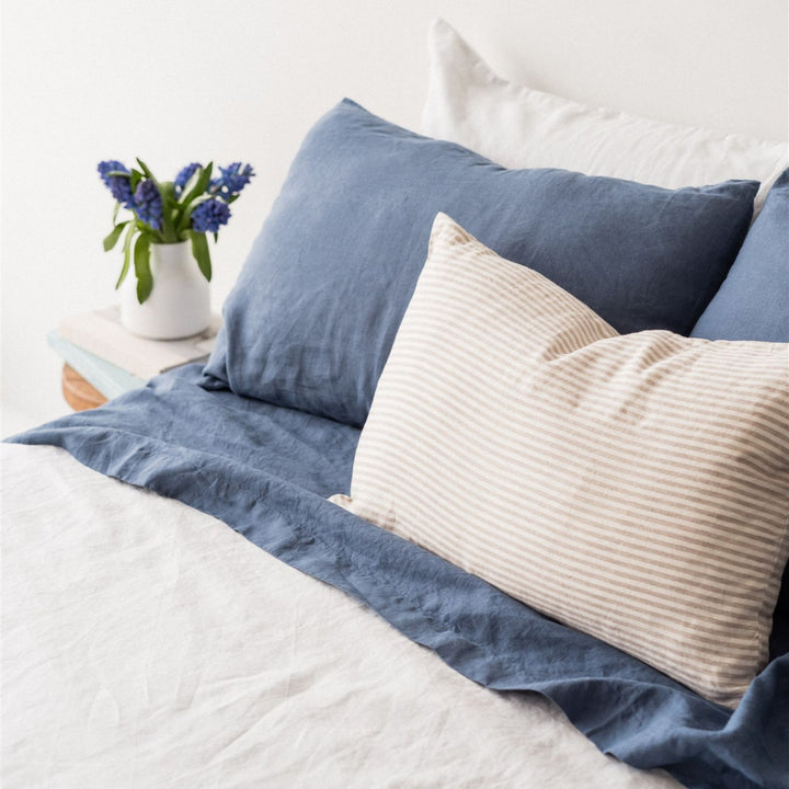 Foxtrot Home French Flax Linen styled in a bedroom with Coastal Blue Sheet Sets