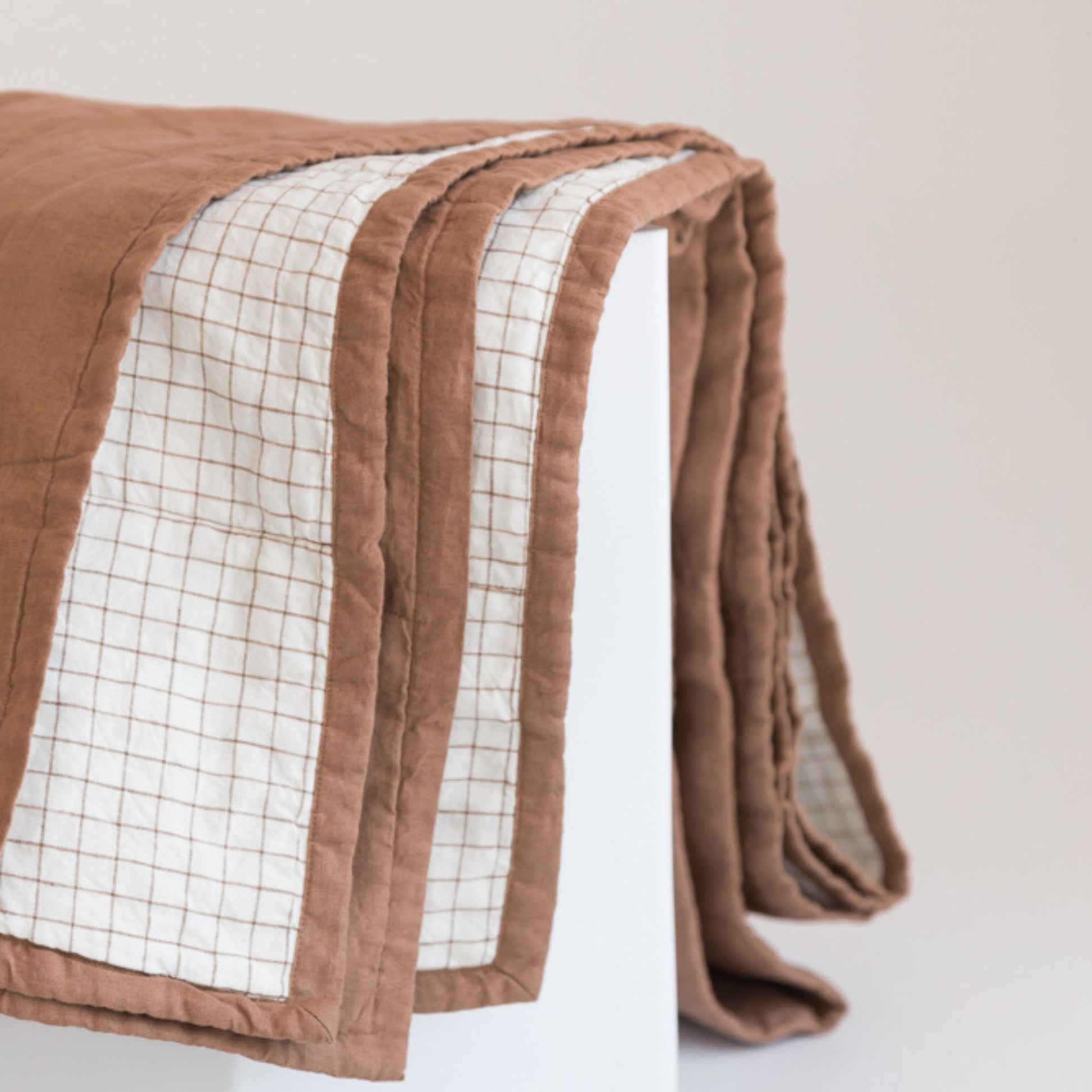 Foxtrot Home French Flax Linen Malt Brown & Malt Brown Grid Quilt