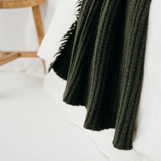 Moss Green Ribbed Wool Throw Blanket