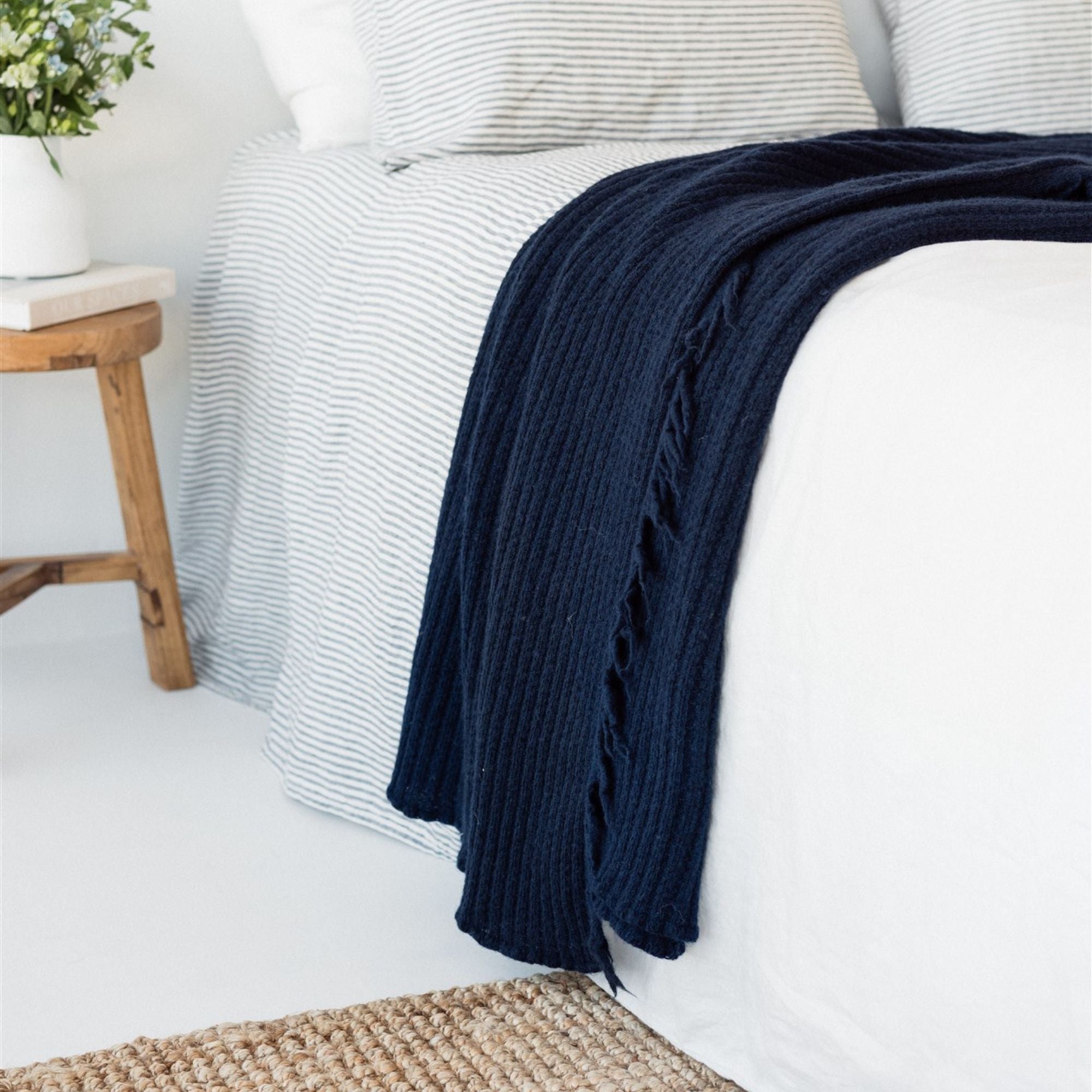 Navy Ribbed Wool Throw Blanket Foxtrot Home