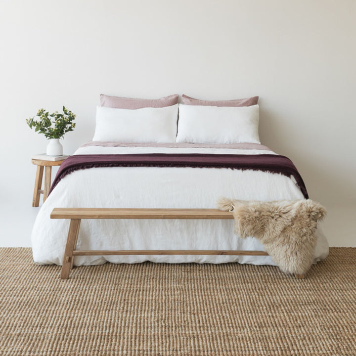 Foxtrot Home French Flax Linen styled in a bedroom with Off White Duvet.