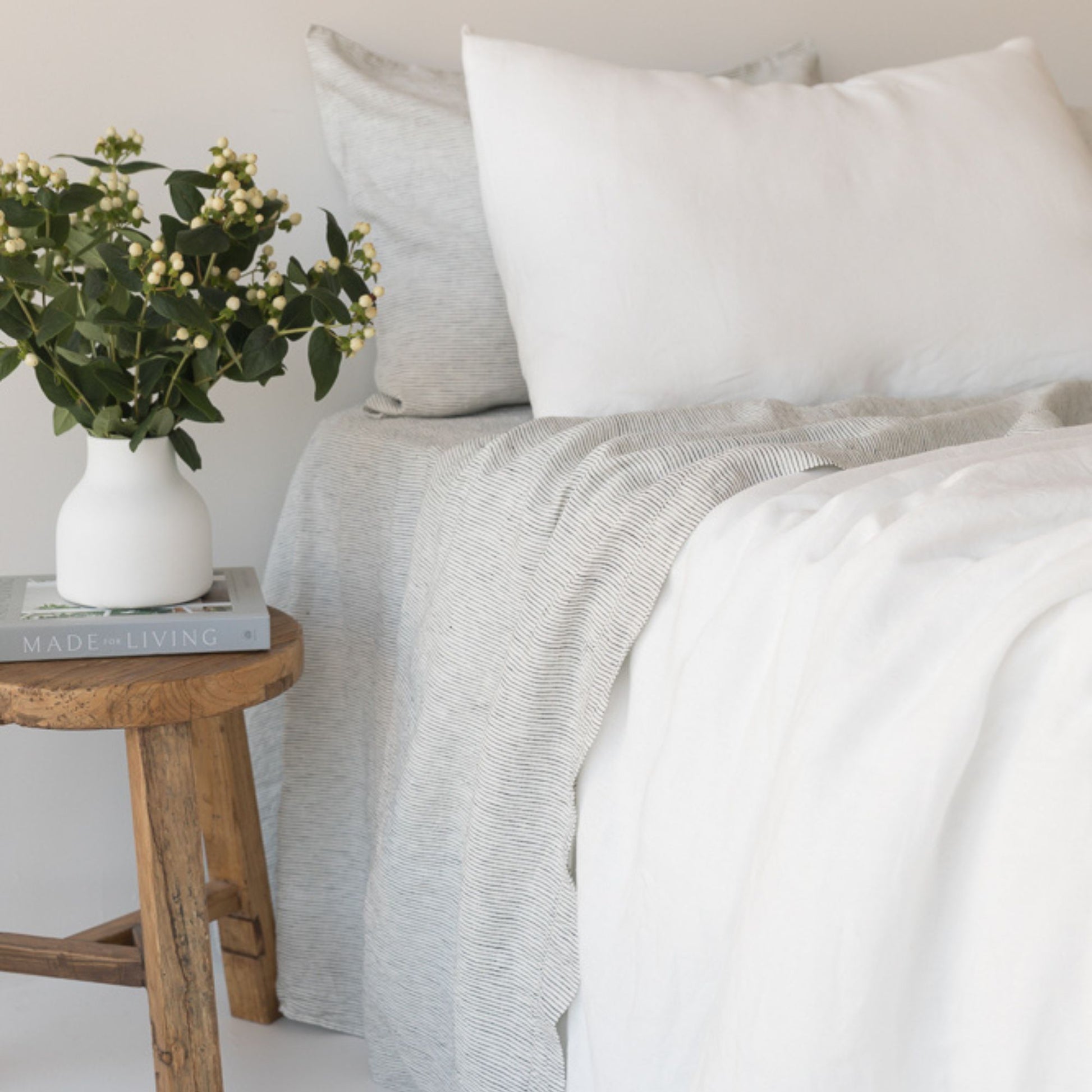 Foxtrot Home French Flax Linen styled in a bedroom with Off White Duvet.