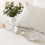 Foxtrot Home French Flax Linen styled in a bedroom with Off White Duvet and Pinstripes Sheets