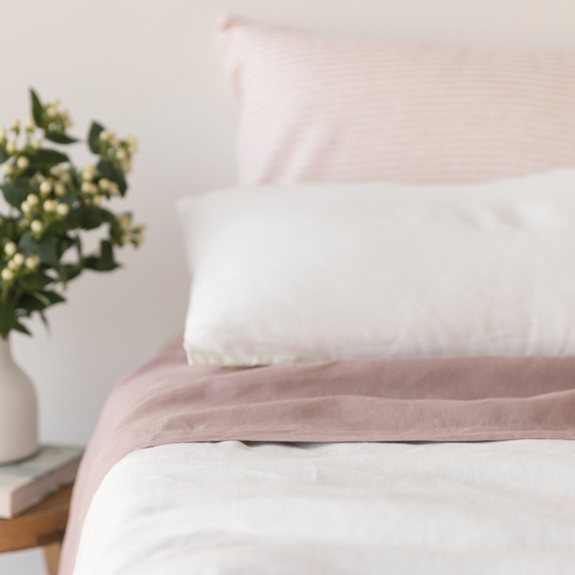 Foxtrot Home French Flax Linen styled in a bedroom with Off White Duvet.