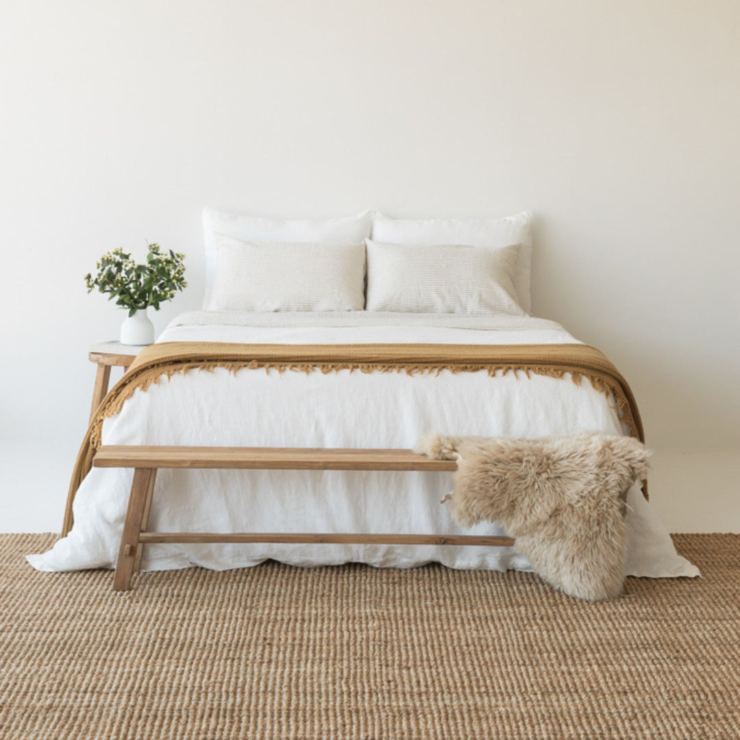 Foxtrot Home French Flax Linen styled in a bedroom with Off White Duvet.