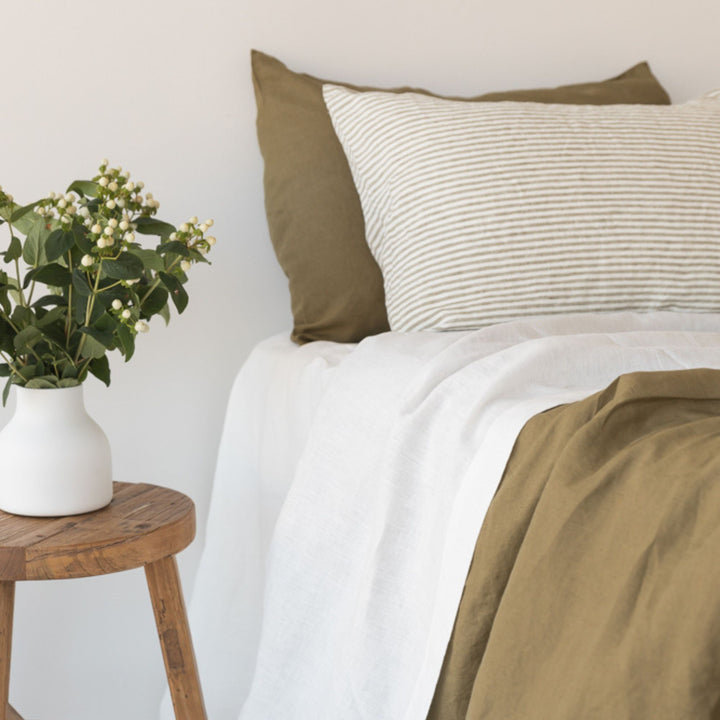 Foxtrot Home French Flax Linen styled in a bedroom with Off White Sheet Set.