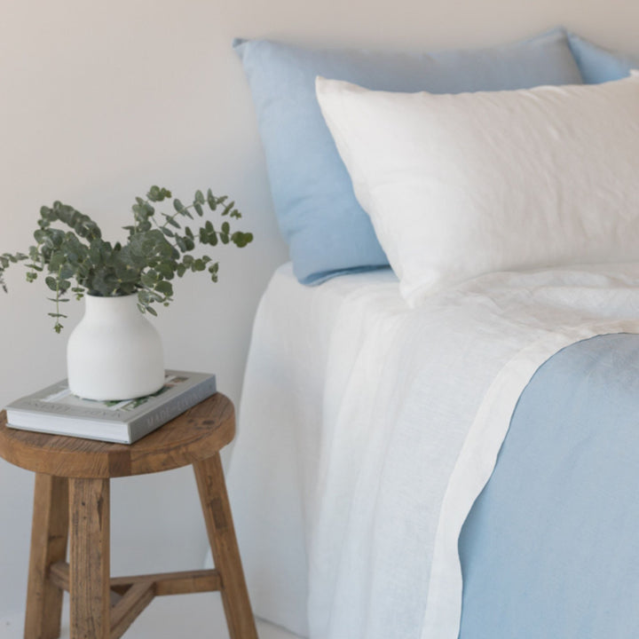 Foxtrot Home French Flax Linen styled in a bedroom with Off White Sheets Set.