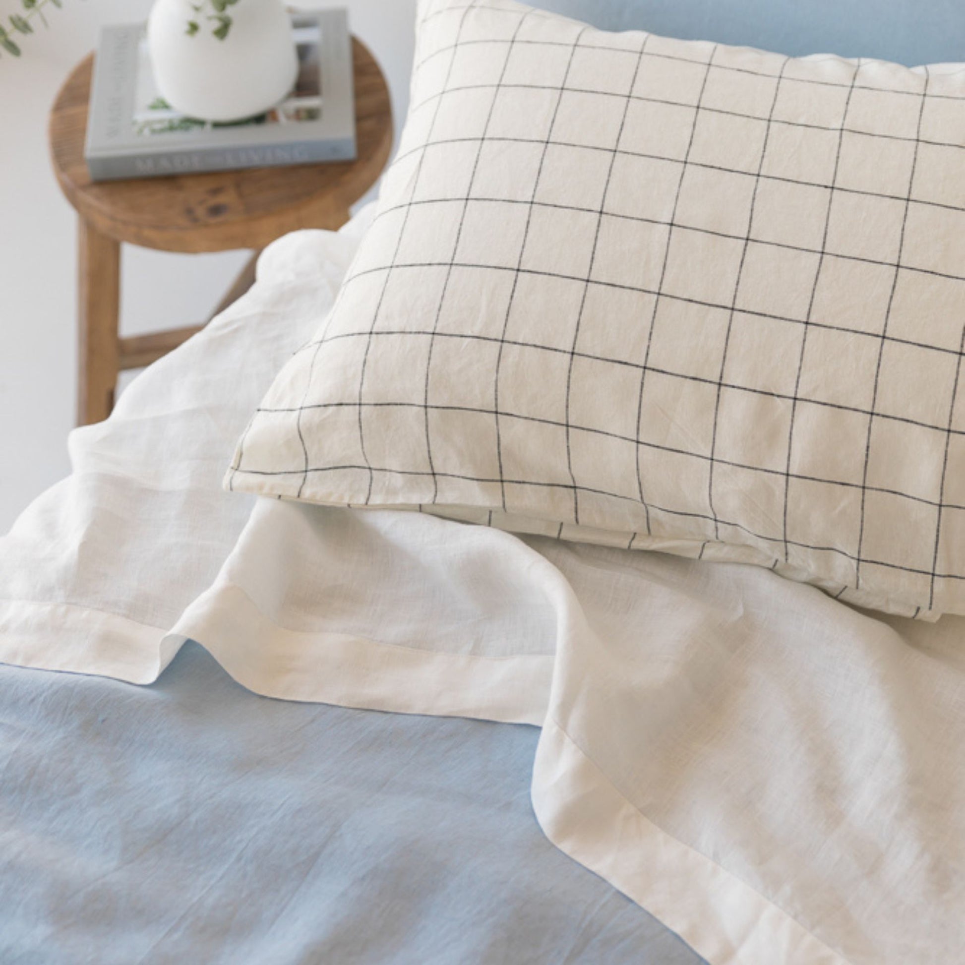 Foxtrot Home French Flax Linen styled in a bedroom with Off White Sheets Set.