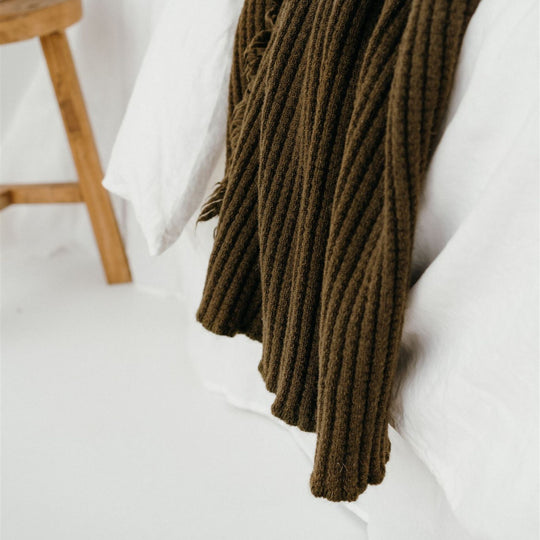 Olive Green Ribbed Wool Throw Blanket