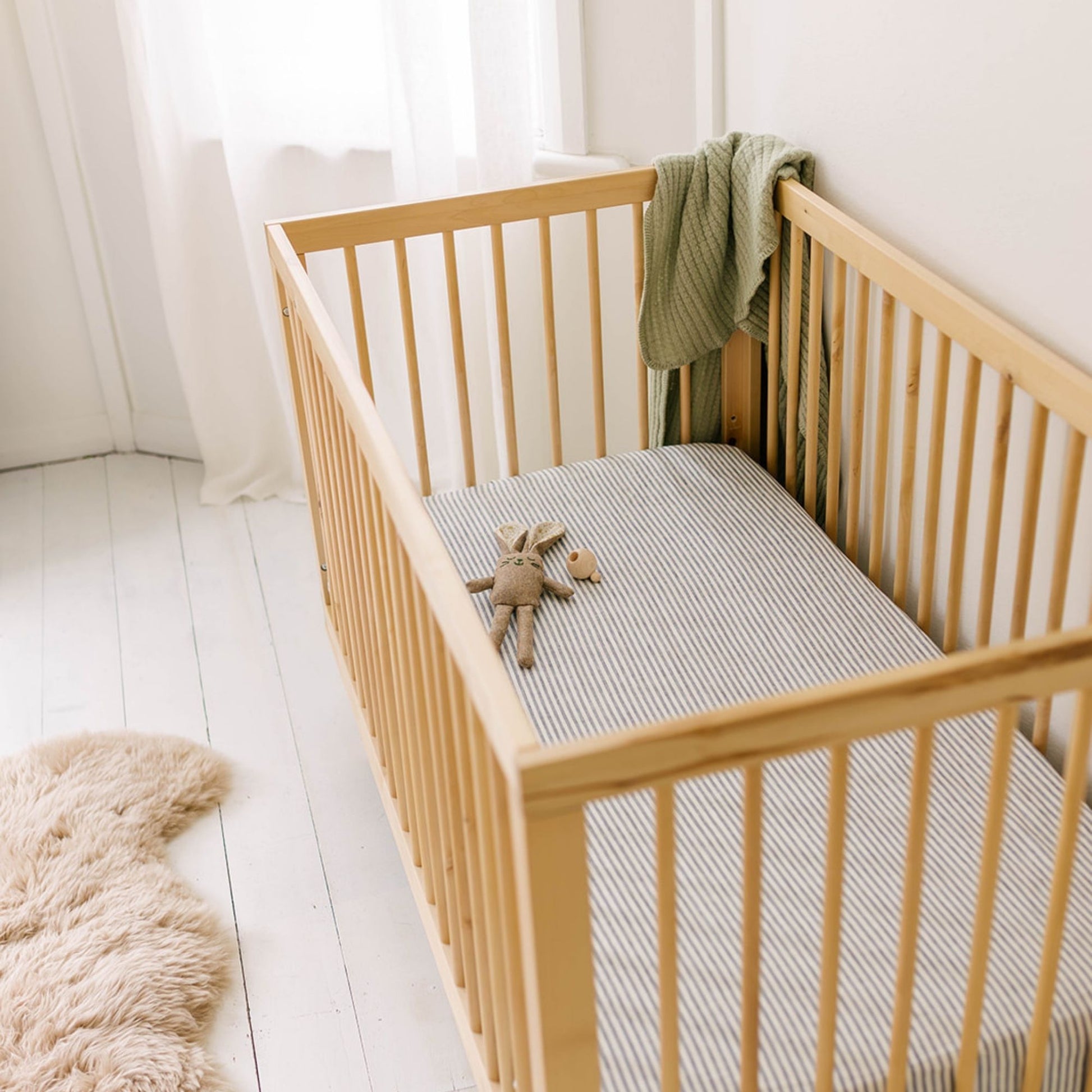 Navy Stripes Linen Cot/Bassinet Sheet