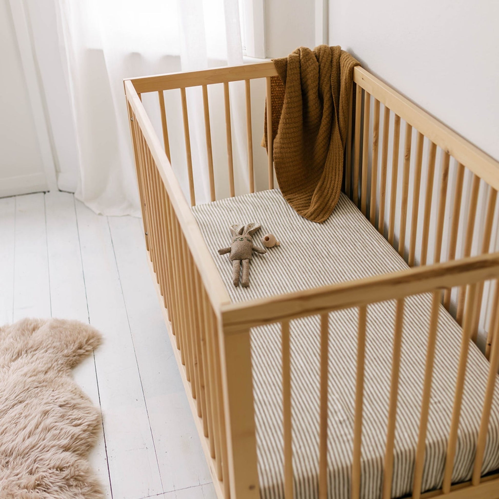 Olive Stripes Linen Cot/Bassinet Sheet