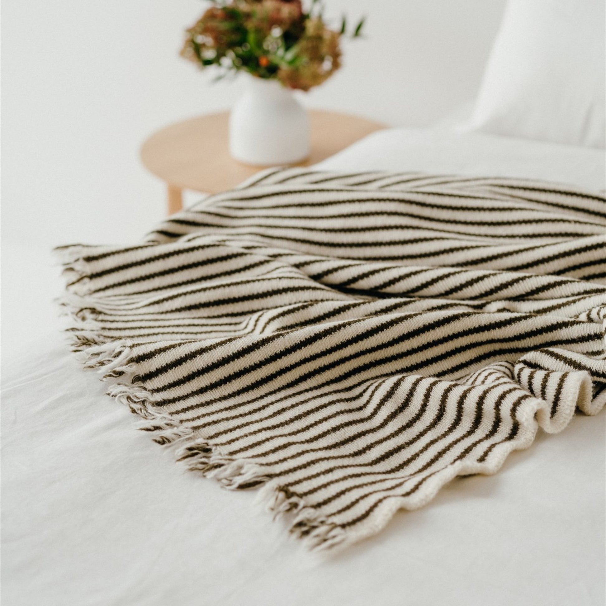 Foxtrot Home New Zealand Wool Throw Blanket in Olive Stripes