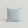 Foxtrot Home French Flax Linen styled in a bedroom with Powder Blue Cushion