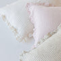Foxtrot Home French Flax Linen styled in a bedroom with Stripes Ruffles Cushion Covers
