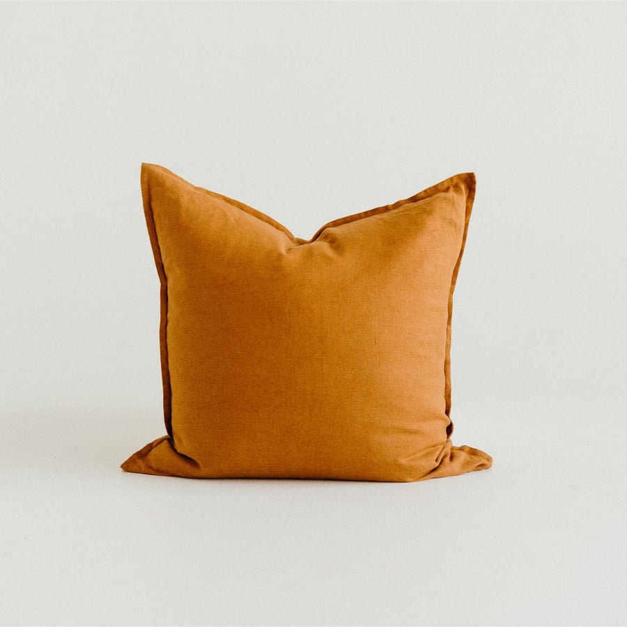 Foxtrot Home French Flax Linen styled with a Tobacco Cushion