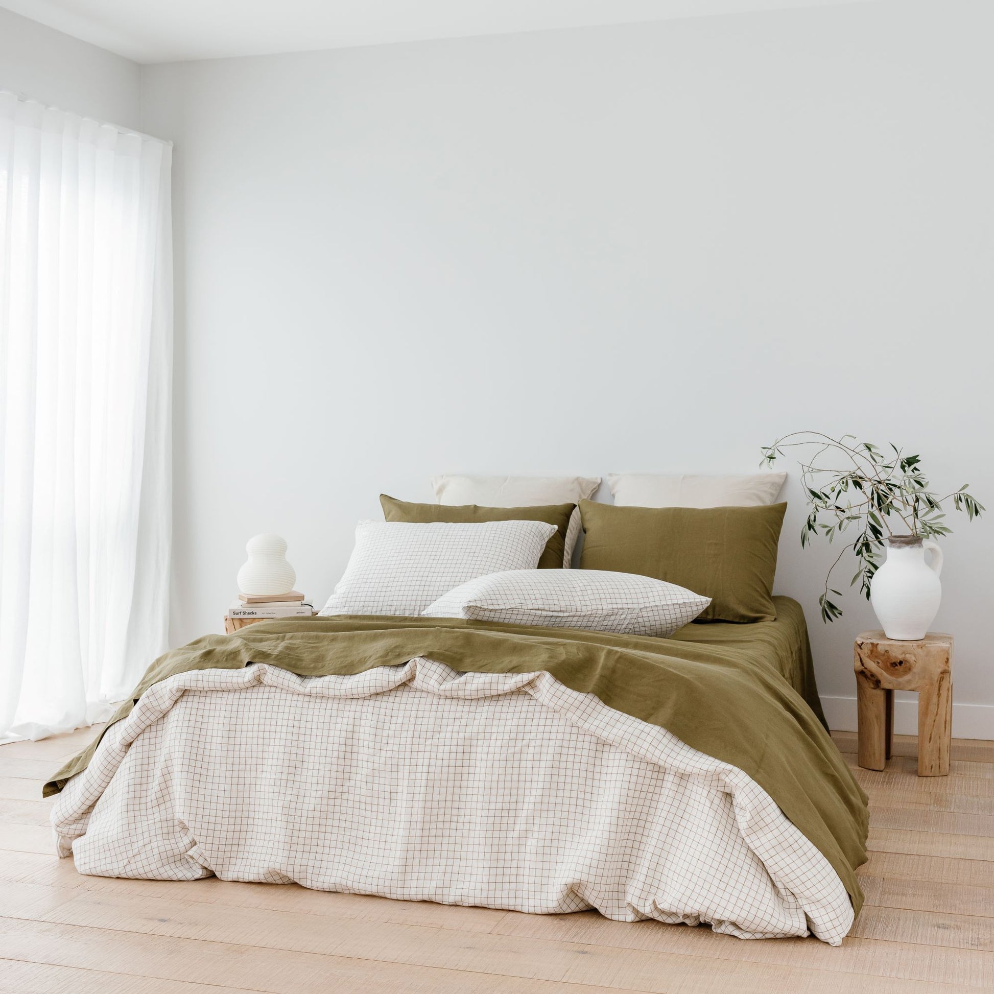 Foxtrot Home French Flax Linen styled with Malt Brown Grid Duvet with Olive Sheets