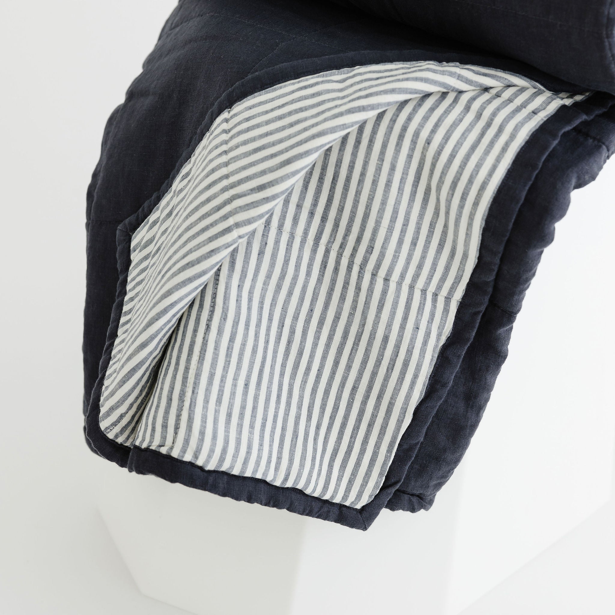 Foxtrot Home French Flax Linen Quilt in Navy with Navy Stripes