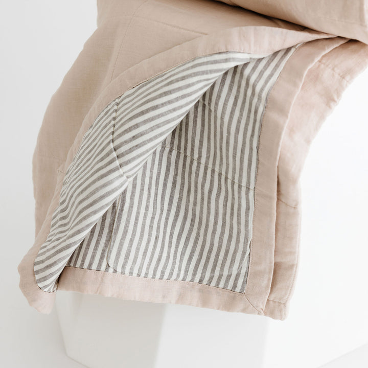 Foxtrot Home French Flax Linen Blush Pink & Grey Stripes Quilt