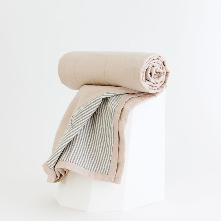 Foxtrot Home French Flax Linen Blush Pink & Grey Stripes Quilt