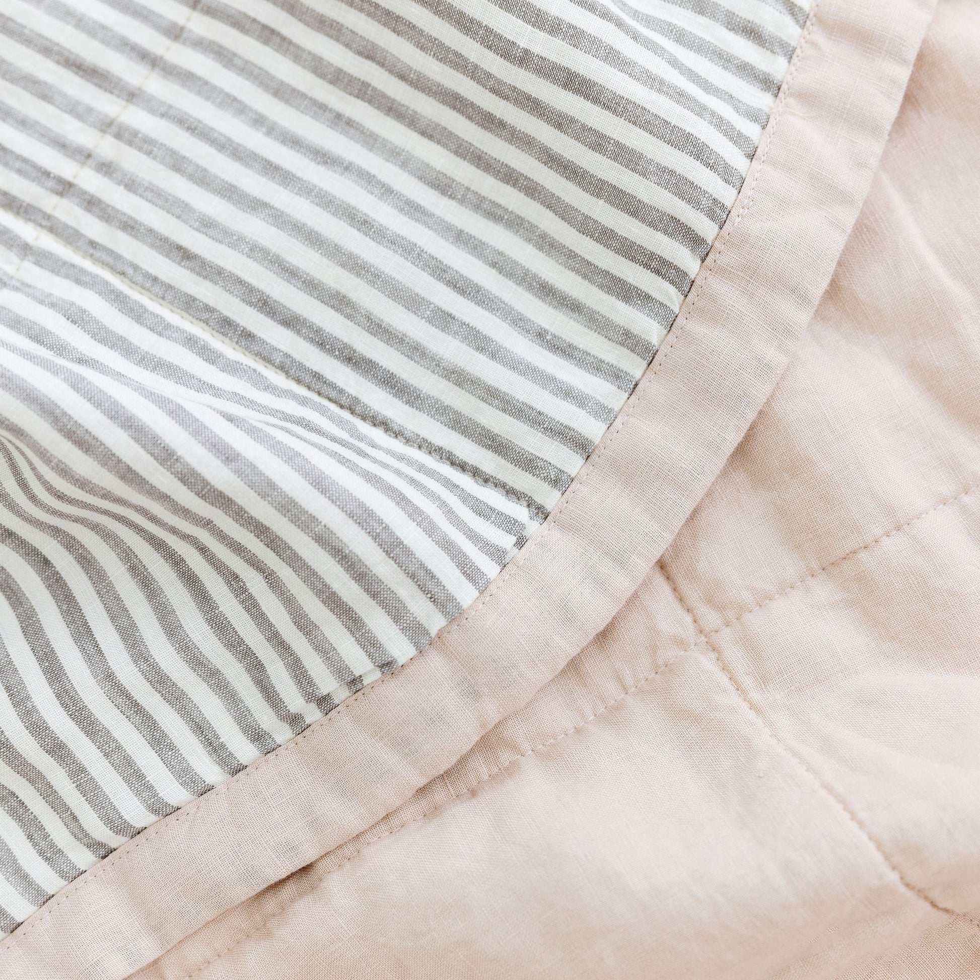 Foxtrot Home French Flax Linen Blush Pink & Grey Stripes Quilt