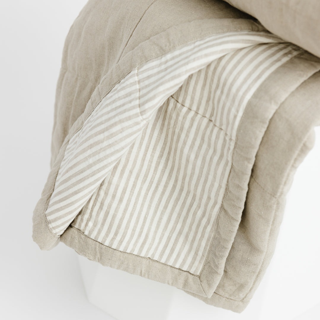 Foxtrot Home French Flax Linen Natural Quilt with Sand Stripes on reverse