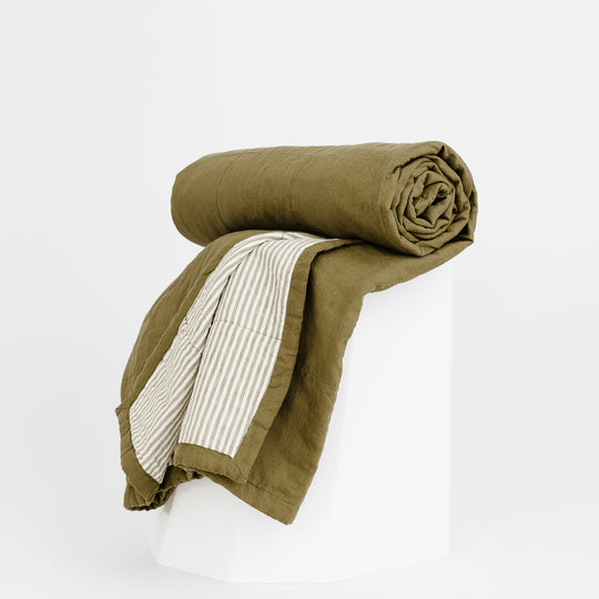 Olive Green & Olive Stripes Linen Cot Quilt