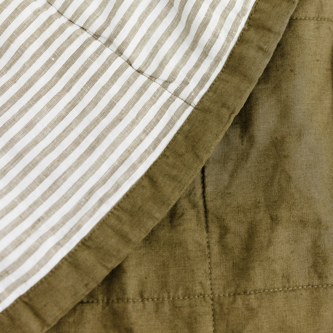 Olive Green & Olive Stripes Linen Quilt