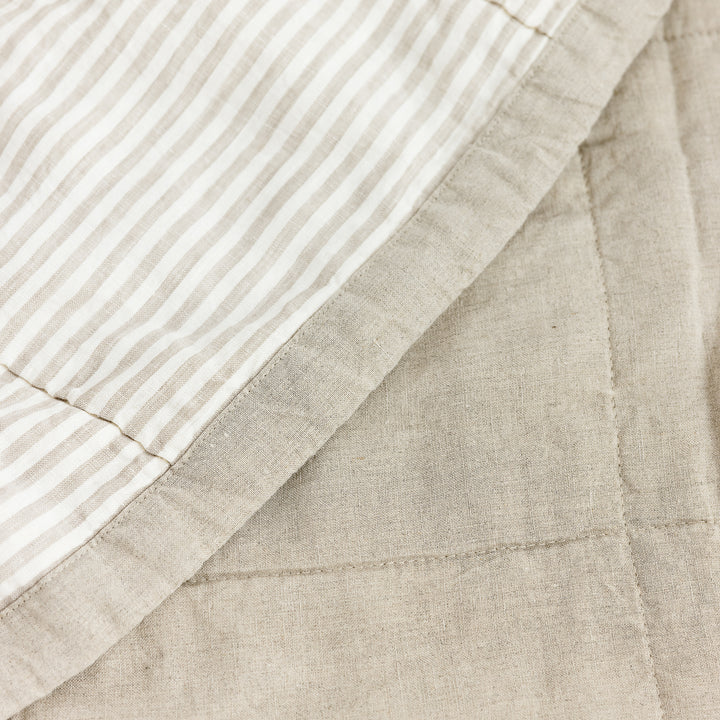 Foxtrot Home French Flax Linen Natural Quilt with Sand Stripes on reverse
