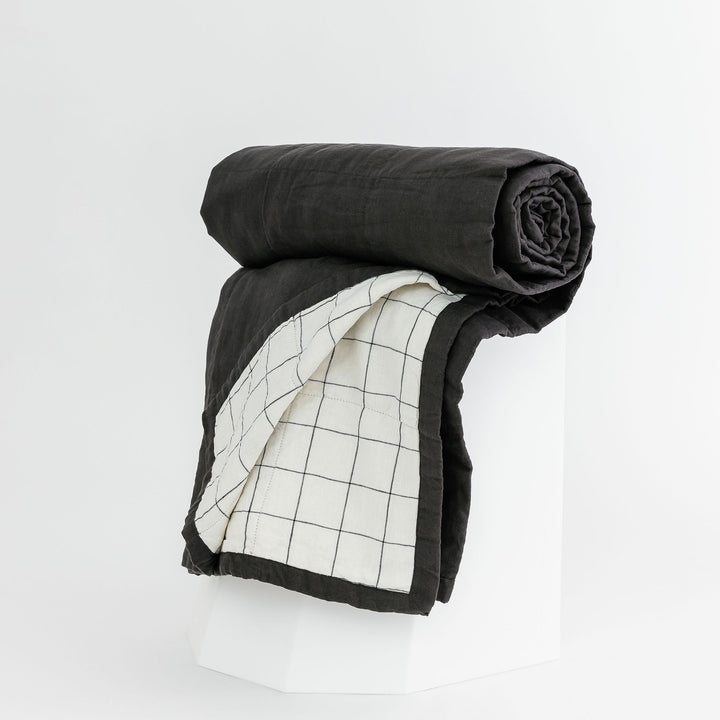 Foxtrot Home French Flax Linen Quilt in Charcoal with Charcoal Grid on reverse
