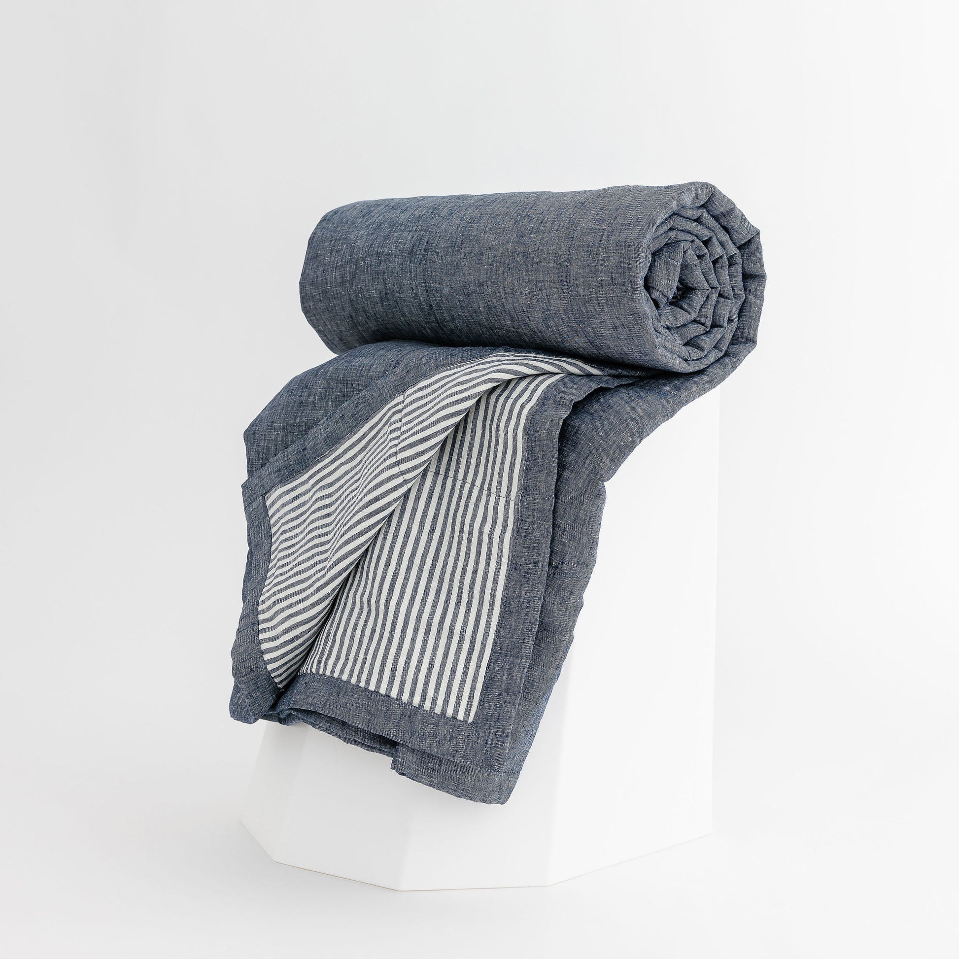 Foxtrot Home French Flax Linen Denim Quilt with Navy Stripes on the reverse