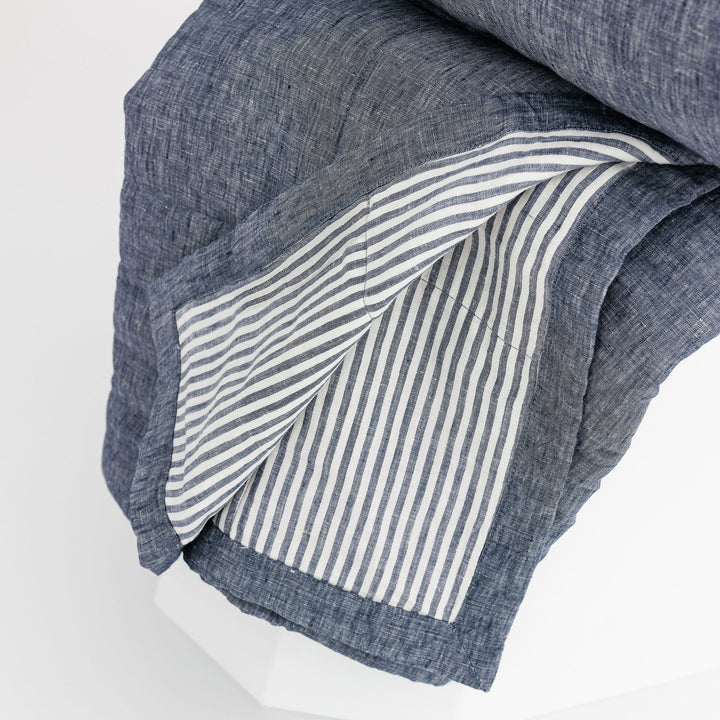 Foxtrot Home French Flax Linen Denim Quilt with Navy Stripes on the reverse