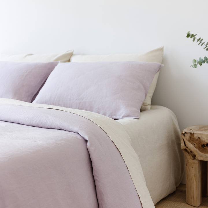 Foxtrot Home French Flax Linen Oat Sheet Sets styled in a bedroom.