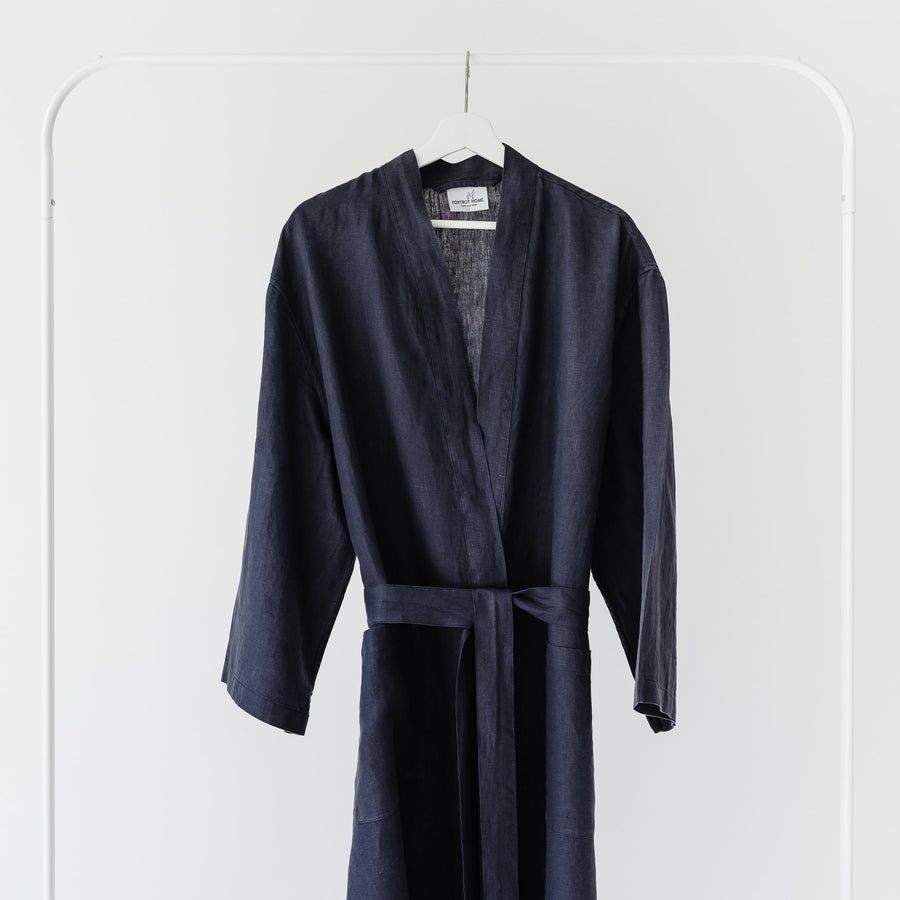 Foxtrot Home French Flax Linen Robe in Midnight Blue
