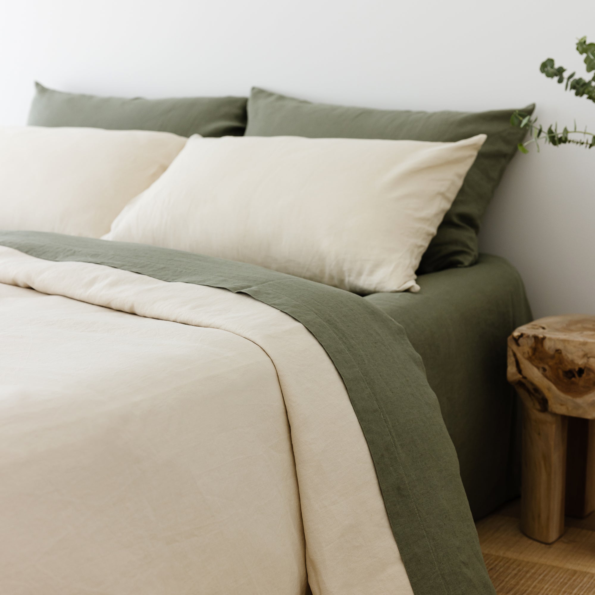 Foxtrot Home French Flax Linen styled in a bedroom with Cactus Green Fitted Sheet.