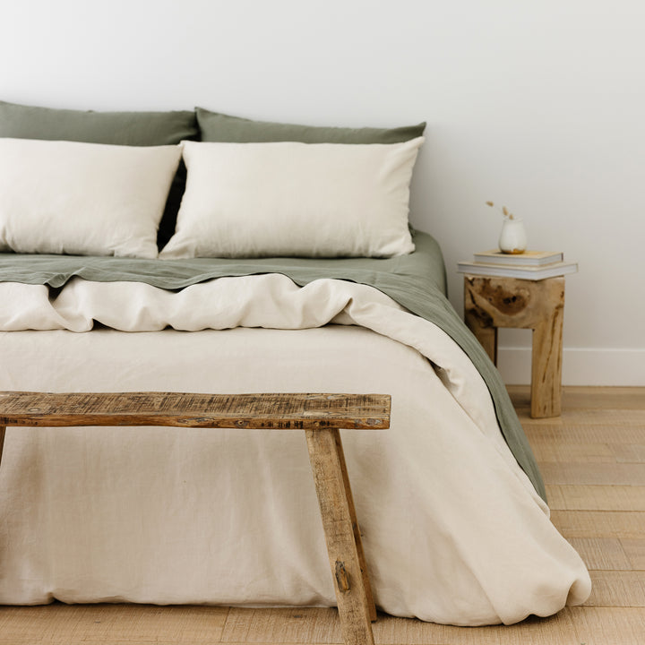 Foxtrot Home French Flax Linen styled in a bedroom with Cactus Green Flat Sheet.