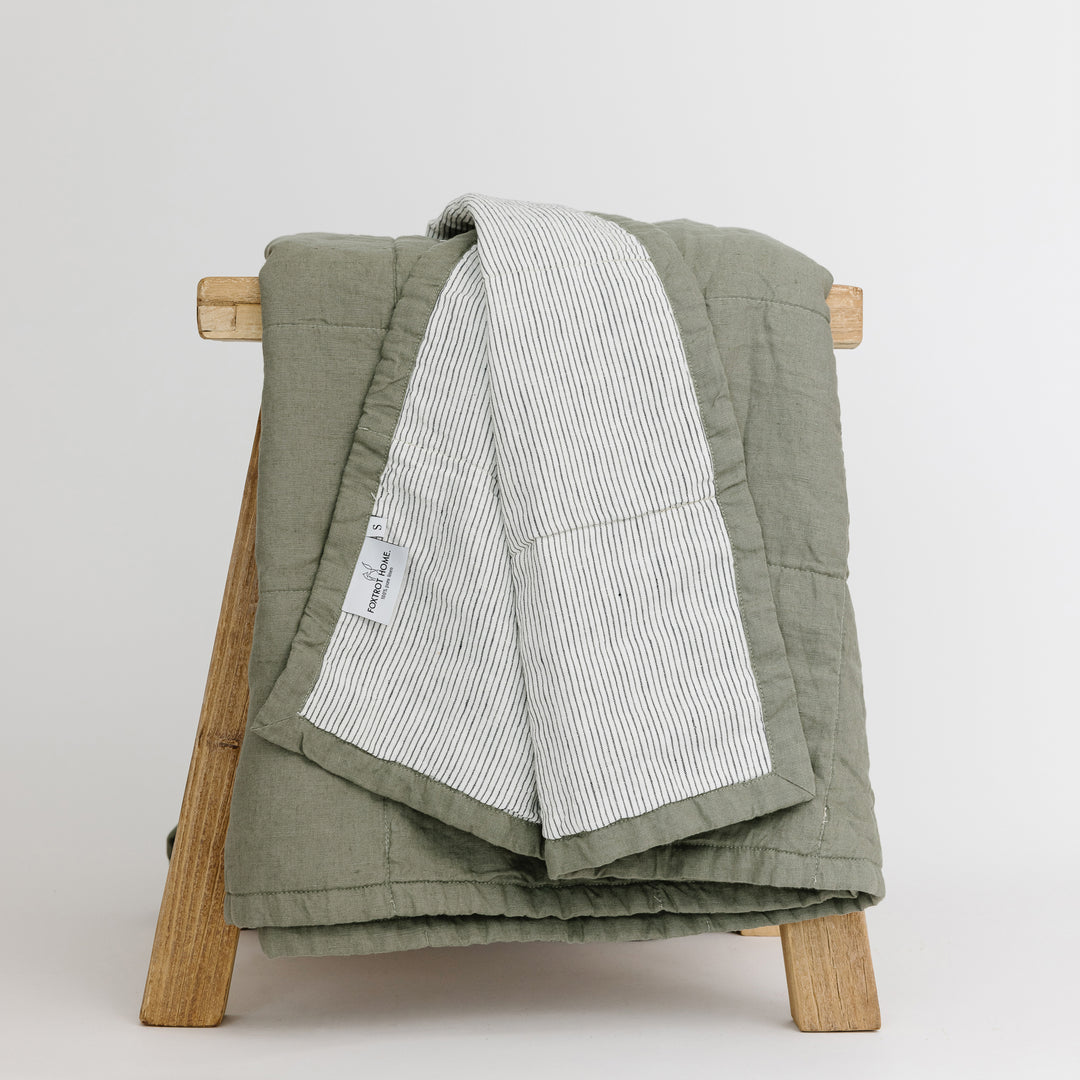 Foxtrot Home French Flax Linen Quilt in Cactus with Pinstripes on the reverse