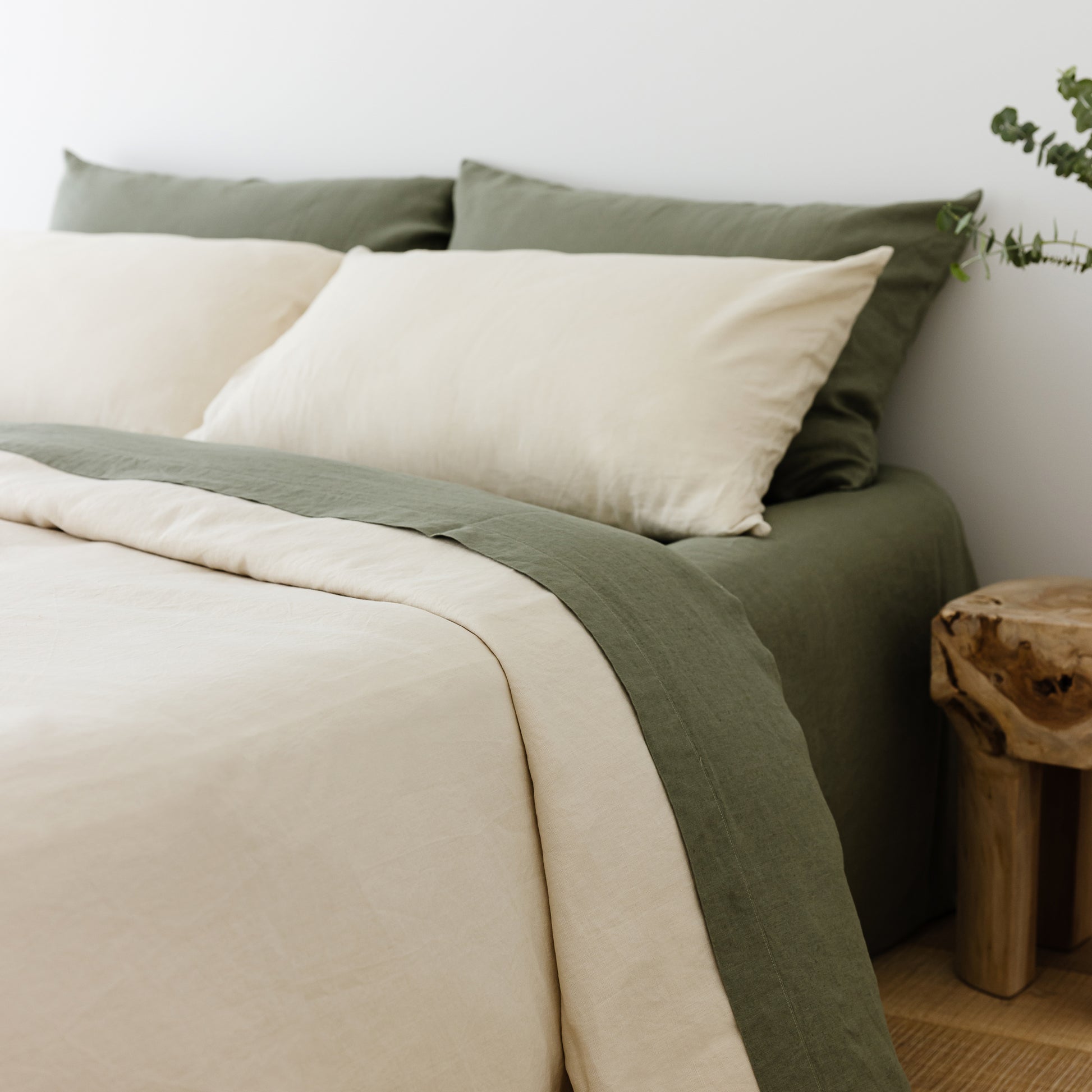 Foxtrot Home French Flax Linen styled in a bedroom with Cactus Green Sheets Set.