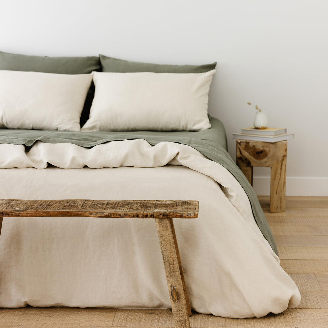 Foxtrot Home French Flax Linen styled in a bedroom with Cactus Green Sheets Set.
