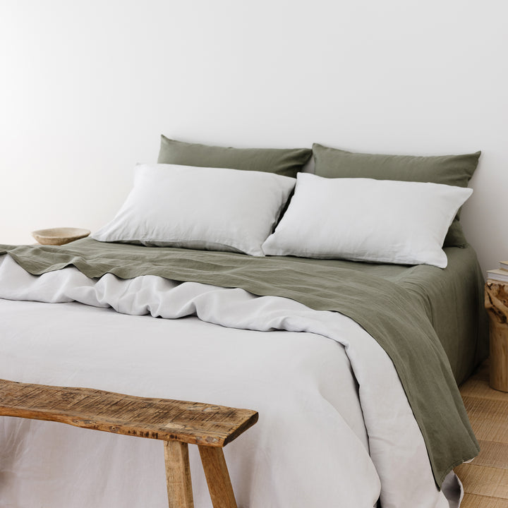 Foxtrot Home French Flax Linen styled in a bedroom with Cactus Green Sheets Set.