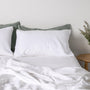 Foxtrot Home French Flax Linen styled in a bedroom with Brilliant White Fitted Sheet.