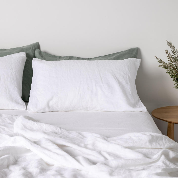 Foxtrot Home French Flax Linen styled in a bedroom with Brilliant White Sheets Set.
