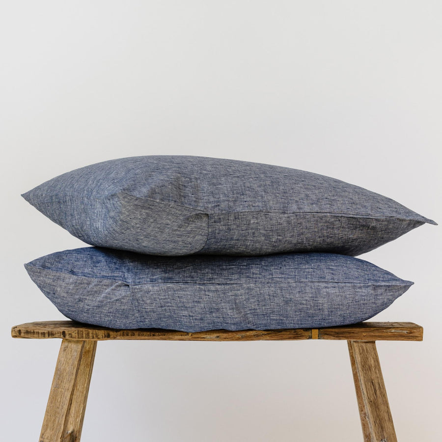 Foxtrot Home French Flax Linen styled in a bedroom with Denim Blue Pillowcases.