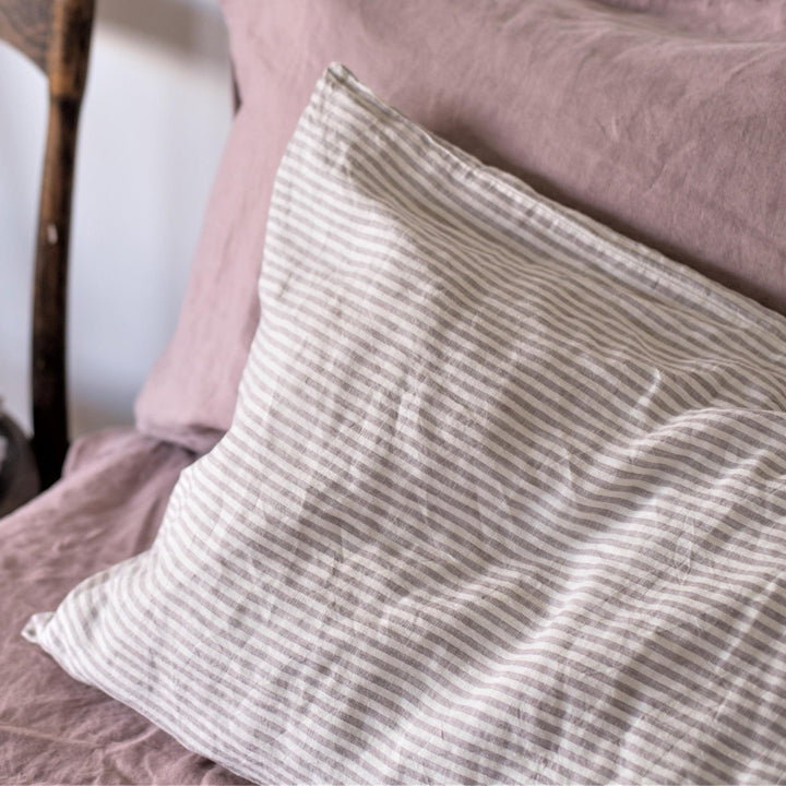 Foxtrot Home French Flax Linen styled in a bedroom with Grey Stripes Pillowcases.