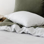 Foxtrot Home French Flax Linen styled in a bedroom with Light Grey Duvet.